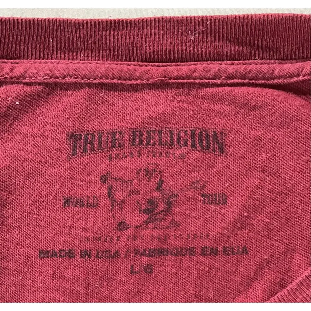 True Religion Long Sleeve Red Henley Velvet Logo T-Shirt Size Large-Made In USA
